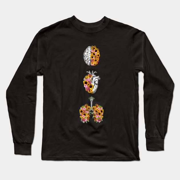 Set of human organ, lungs, heart and brain with sunflowers and daisy Long Sleeve T-Shirt by Collagedream